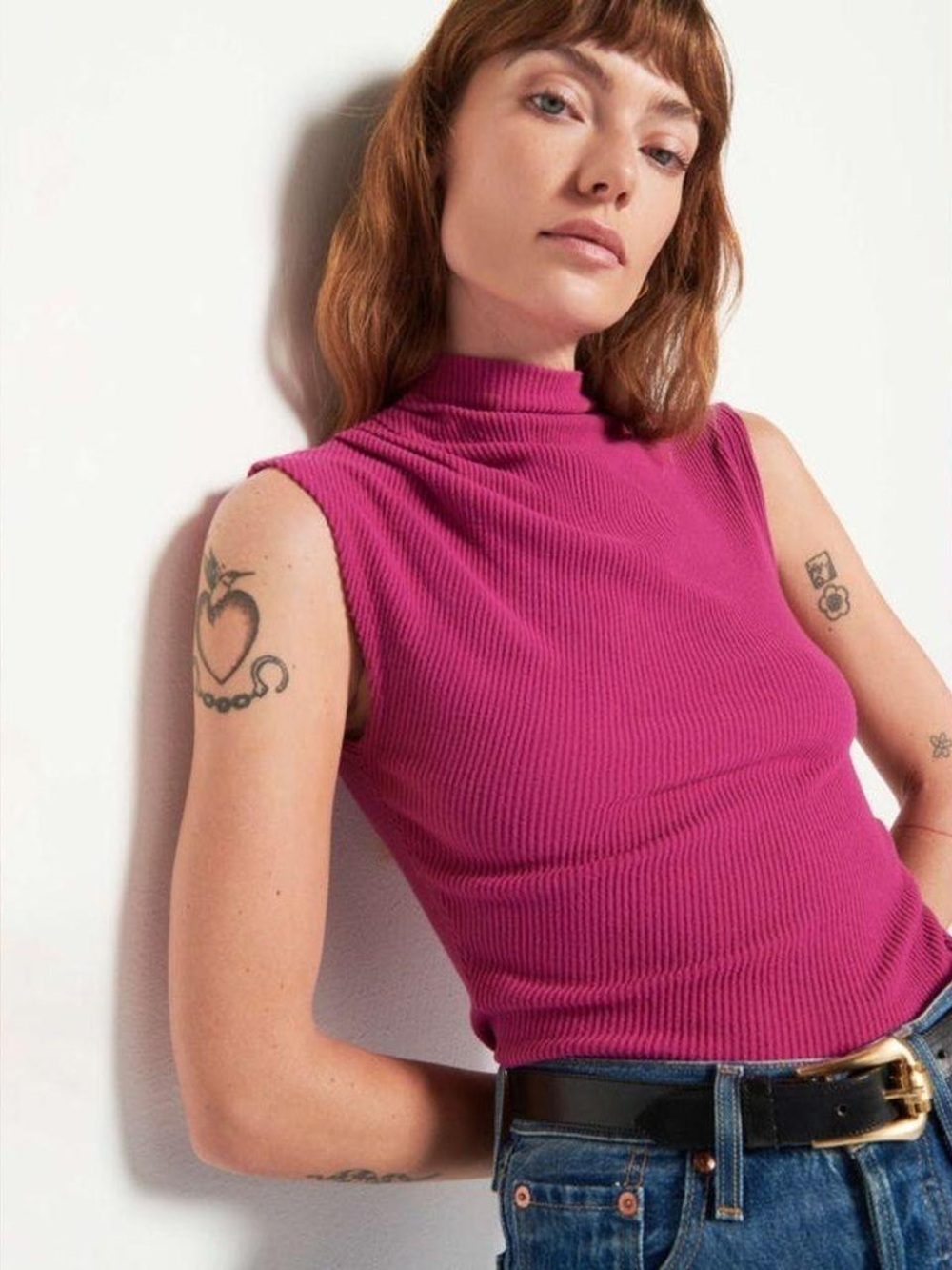 Nation Ribbed Sleeveless Mock Neck Tank in Fuchsia, L NWT